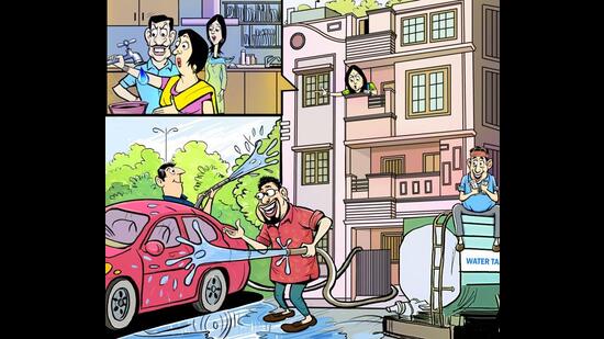 Some residents of Chandigarh tricity say that those washing their cars and irrigating lawns with potable water must face water disconnection for at least three days. (Illustration: Biswajit Debnath/HT)