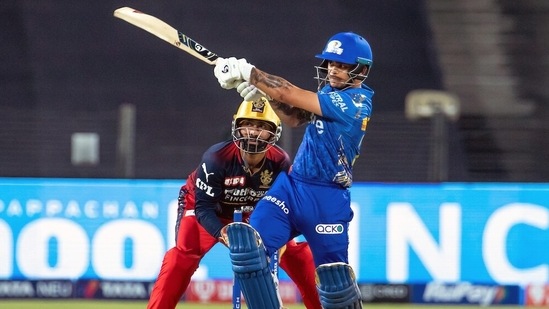 Mumbai Indians's Ishan Kishan plays a shot during the IPL 2022 match between Mumbai Indians and Royal Challengers Bangalore.(IPL)