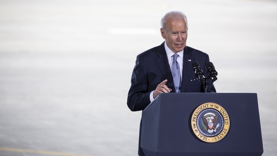 U.S. President Joe Biden speaks about the Bipartisan Infrastructure Law at the Portland Air National Guard Base in Portland, Oregon, U.S., on Thursday, April 21, 2022. Moriah Ratner/Bloomberg(Bloomberg)