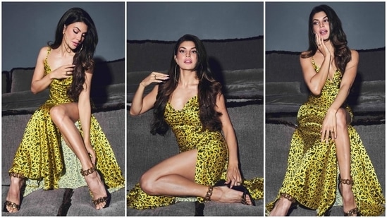 In another Instagram post, Jacqueline Fernandez was seen grabbing eyeballs in a yellow satin animal print dress.&nbsp;(Instagram/@jacquelinef143)