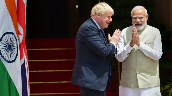 Prime Minister Narendra Modi and British Prime Minister Boris Johnson prior to their meeting at Hyderabad House, in New Delhi.(PTI)