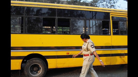 The school buses were challaned for missing CCTV cameras, speed governors, fire extinguishers, first-aid boxes, fitness certificate, pollution certificates etc. (Representative image/HT)