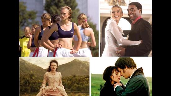 (Clockwise, from top left) Keira Knightley in Bend It Like Beckham (2002); Love Actually (2003); Pride & Prejudice (2005); and Pirates of the Caribbean: Salazar’s Revenge (2017)