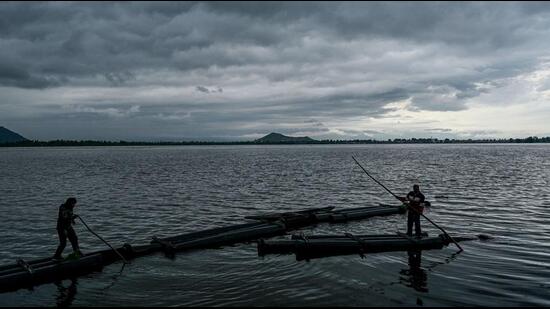 Labourers who work with Lakes and Waterways Development Authority clean the Dal Lake as dark clouds loom over in Srinagar. (AFP)