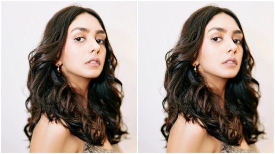 Styled by fashion stylist Kashish Gaur, Mrunal went minimal on the makeup to complement her attire for the day. In mascara-laden eyelashes, contoured cheeks and a shade of nude lipstick, Mrunal completed her look.(Instagram/@mrunalthakur)