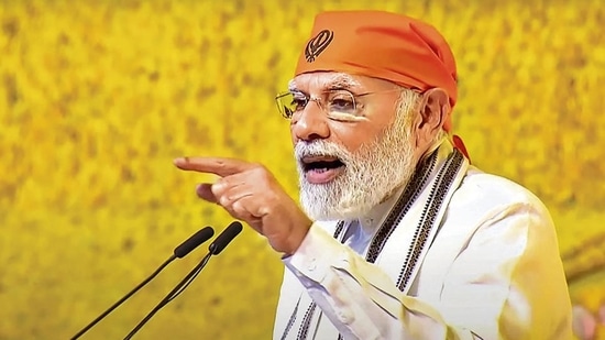 Prime Minister Narendra Modi during the 400th Parkash Purab celebrations of Guru Tegh Bahadur at Red Fort. (PTI Photo)