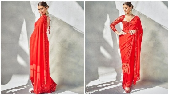 Tara Sutaria earlier treated her fans with dreamy photos of herself in a red georgette saree which she teamed with a backless blouse. (Instagram/@tarasutaria)