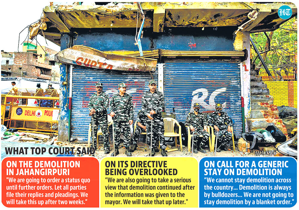The bench was informed on Thursday that former MP and CPI (M) leader Brinda Karat was on the spot of demolition in Jahangirpuri, and she brought the court order to the notice of the North Delhi mayor after it was passed. (HT Illustration) The bench was informed on Thursday that former MP and CPI (M) leader Brinda Karat was on the spot of demolition in Jahangirpuri, and she brought the court order to the notice of the North Delhi mayor after it was passed. (HT Illustration)