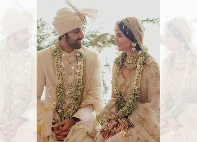Recently, Bollywood actors Alia Bhatt and Ranbir Kapoor had a minimalist ivory-hued wedding. Alia Bhatt wore a hand-dyed ivory organza sari embroidered with tilla work and an embroidered handwoven tissue veil by Sabyasachi. Ranbir followed suit with an embroidered silk Sabyasachi sherwani that featured uncut diamond buttons, a silk organza safa and was teamed with a shawl decked in zari embroidery. Recently, Bollywood actors Alia Bhatt and Ranbir Kapoor had a minimalist ivory-hued wedding. Alia Bhatt wore a hand-dyed ivory organza sari embroidered with tilla work and an embroidered handwoven tissue veil by Sabyasachi. Ranbir followed suit with an embroidered silk Sabyasachi sherwani that featured uncut diamond buttons, a silk organza safa and was teamed with a shawl decked in zari embroidery.