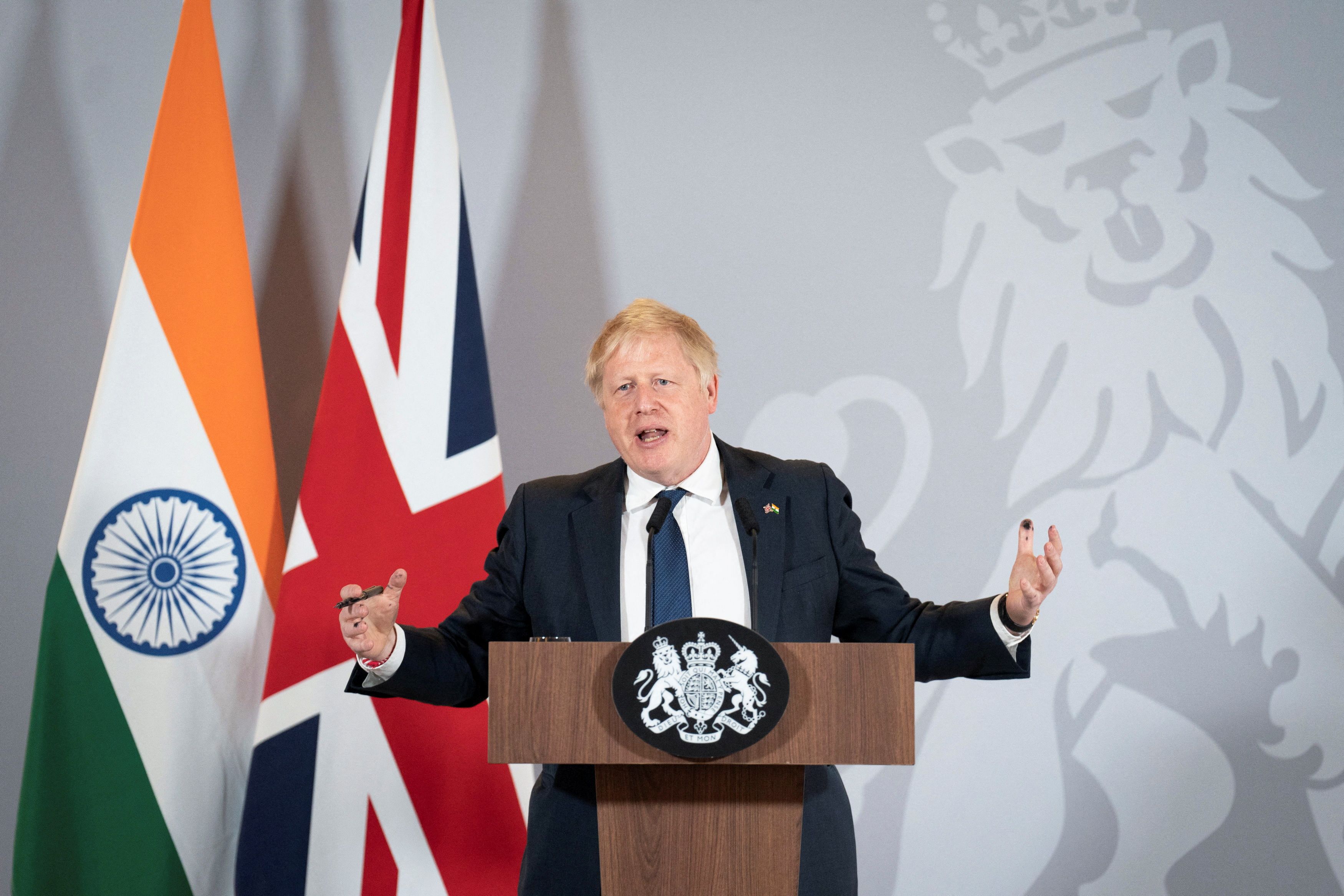 British Prime Minister Boris Johnson gestures as he speaks during a news conference in New Delhi, on April 22, 2022.&nbsp;(Reuters Photo)