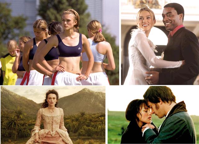 (Clockwise, from top left) Keira Knightley in Bend It Like Beckham (2002); Love Actually (2003); Pride & Prejudice (2005); and Pirates of the Caribbean: Salazar’s Revenge (2017) (Clockwise, from top left) Keira Knightley in Bend It Like Beckham (2002); Love Actually (2003); Pride & Prejudice (2005); and Pirates of the Caribbean: Salazar’s Revenge (2017)