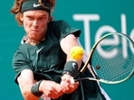 Andrey Rublev of Russia returns a ball to Czech Republic's Jiri Lehecka during their tennis quarter final match of the Serbia Open tennis tournament in Belgrade.(AP) Andrey Rublev of Russia returns a ball to Czech Republic's Jiri Lehecka during their tennis quarter final match of the Serbia Open tennis tournament in Belgrade.(AP)