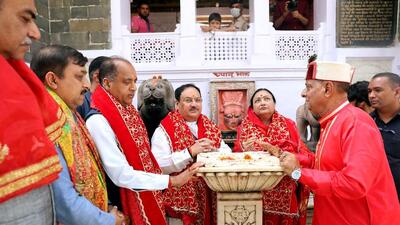 BJP national president JP Nadda with his wife Mallika Nadda offers prayers at Bajreshwari Mata Temple, in Kangra on Saturday. Himachal Pradesh CM Jai Ram Thakur and BJP state chief Suresh Kumar Kashyap are also present. (ANI) BJP national president JP Nadda with his wife Mallika Nadda offers prayers at Bajreshwari Mata Temple, in Kangra on Saturday. Himachal Pradesh CM Jai Ram Thakur and BJP state chief Suresh Kumar Kashyap are also present. (ANI)