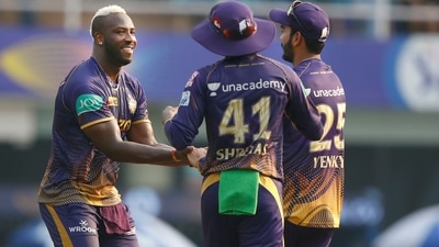 Andre Russell of the Kolkata Knight Riders celebrates the wicket of Yash Dayal of Gujarat Titans during IPL 2022 game (PTI) Andre Russell of the Kolkata Knight Riders celebrates the wicket of Yash Dayal of Gujarat Titans during IPL 2022 game (PTI)