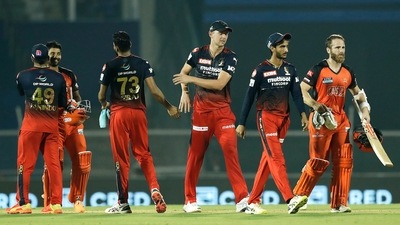 The match ended with Rahul Tripathi hitting a six to get SRH over the line. (PTI) The match ended with Rahul Tripathi hitting a six to get SRH over the line. (PTI)