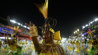 Members of Imperatriz Leopoldinense Samba School perform at the Marques de Sapucai Sambadrome during Carnival 2022 in Rio de Janeiro. (Andres Borges/Bloomberg) Members of Imperatriz Leopoldinense Samba School perform at the Marques de Sapucai Sambadrome during Carnival 2022 in Rio de Janeiro. (Andres Borges/Bloomberg)