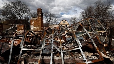 The remnants of a house, that residents say was destroyed by Russian shelling, amid Russia's invasion of Ukraine, in Borodyanka, Kyiv region. (REUTERS)