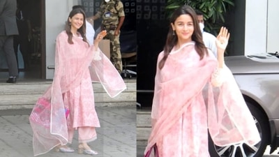 In her first public appearance post her wedding, the paparazzi captured her in a stunning blush pink cotton salwar set. (HT Photo/Varinder Chawla) In her first public appearance post her wedding, the paparazzi captured her in a stunning blush pink cotton salwar set. (HT Photo/Varinder Chawla)