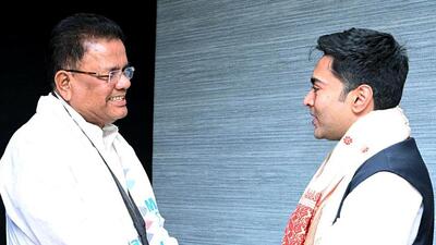 Trinamool Congress (TMC) general secretary Abhishek Banerjee congratulates former Assam Congress chief Ripun Bora as he joined the party on April 17. (ANI File Photo) Trinamool Congress (TMC) general secretary Abhishek Banerjee congratulates former Assam Congress chief Ripun Bora as he joined the party on April 17. (ANI File Photo)
