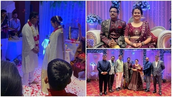 Indian Administrative Service officer Tina Dabi, topper of the 2015 civil service exams, fellow officer Dr Pradeep Gawande exchanged vows with fellow officer Dr Pradeep Gawande in Rajasthan’s Jaipur in the presence of their family and friends.(Facebook/Raj Patil, Twitter/@VinodJakharIN)