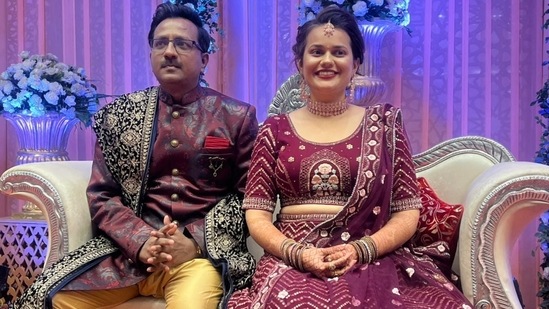 For the wedding reception, IAS officer Tina Dabi wore a maroon lehenga while Dr Pradeep Gawande complemented her in a similar coloured sherwani set.(Facebook/Raj Patil)