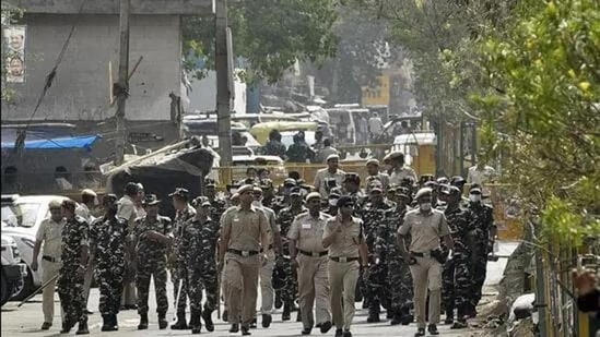 Delhi Police patrolling in northwest Delhi's Jahangirpuri area following clashes. (HT File Photo/Sanjeev Verma)