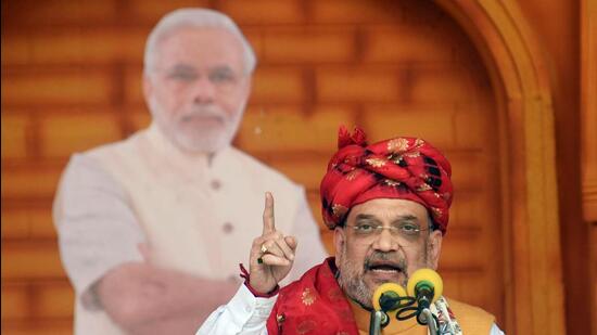 Union home minister Amit Shah addresses Vijayotsav of Veer Kunwar Singh, at Jagdishpur of Bhojpur district on Saturday, April 23, 2022. (ANI)