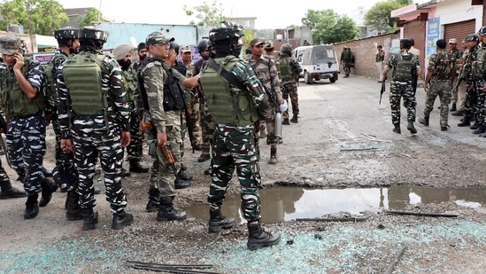 Security personnel conduct search operations after an encounter with terrorists and recovered 1 satellite phone, 2 AK-47 rifles and ammunitions, at Sunjwan cantonment area, in Jammu.(Shilpa Thakur/HT) Security personnel conduct search operations after an encounter with terrorists and recovered 1 satellite phone, 2 AK-47 rifles and ammunitions, at Sunjwan cantonment area, in Jammu.(Shilpa Thakur/HT)