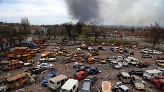 Damaged and burned vehicles during heavy fighting in an area controlled by Russian-backed separatist forces in Mariupol.