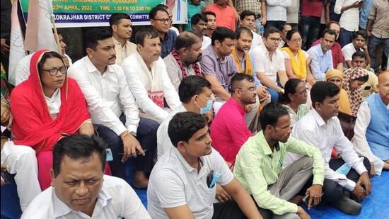 The Congress leaders and workers staged a protest in Kokrajhar in Assam on Friday seeking Gujarat MLA Jignesh Mevani’s release. Photo: Sourced