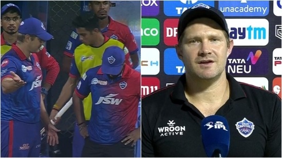 (L) Watson talks to Rishabh Pant during the final over; Watson during the press conference (IPL)