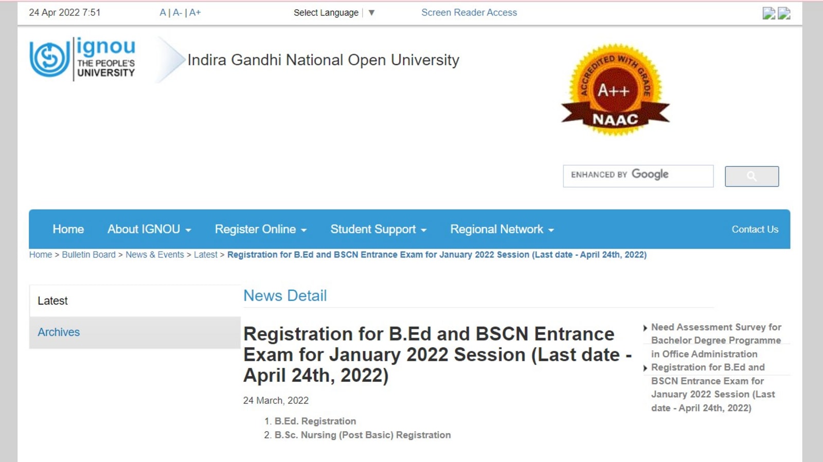 IGNOU 2022 BE.d admission Last date to register today, apply at ignou