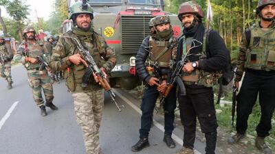 Paramilitary personnel deployed at a site where an encounter took place between security forces and militants, at the Mirhama area, in Kulgam on Saturday. (ANI) Paramilitary personnel deployed at a site where an encounter took place between security forces and militants, at the Mirhama area, in Kulgam on Saturday. (ANI)