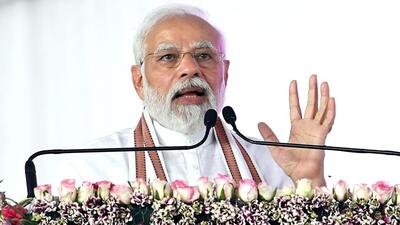 Samba, Apr 24 (ANI): Prime Minister Narendra Modi addresses the inauguration and stone-laying foundation of multiple development initiatives on the occasion of Panchayati Raj Diwas, in Samba on Sunday. (ANI Photo) (ANI)