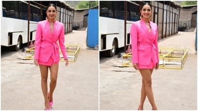 On Sunday, Kartik and Kiara stepped out in the city to promote their sequel to Priyadarshan's 2007 horror-comedy Bhool Bhulaiyaa. The two stars chose trendy colourful outfits for the occasion. Kiara looked stunning in a bubblegum-pink ensemble that served formal-chic vibes. (HT Photo/Varinder Chawla) On Sunday, Kartik and Kiara stepped out in the city to promote their sequel to Priyadarshan's 2007 horror-comedy Bhool Bhulaiyaa. The two stars chose trendy colourful outfits for the occasion. Kiara looked stunning in a bubblegum-pink ensemble that served formal-chic vibes. (HT Photo/Varinder Chawla)