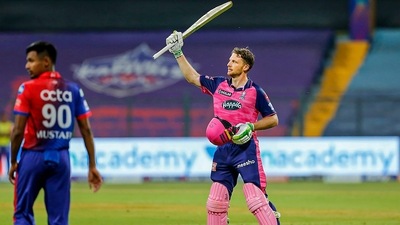 Jos Buttler of Rajasthan Royals celebrates after scoring a hundred against Delhi Capitals (IPL) Jos Buttler of Rajasthan Royals celebrates after scoring a hundred against Delhi Capitals (IPL)