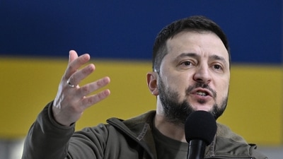 Ukrainian President Volodymyr Zelensky addresses a press conference with international media in an underground metro station in Kyiv. (AFP) Ukrainian President Volodymyr Zelensky addresses a press conference with international media in an underground metro station in Kyiv. (AFP)