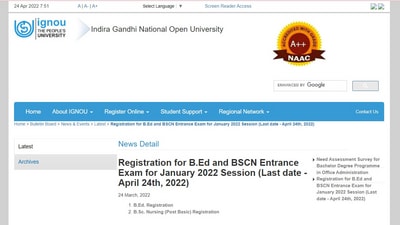 IGNOU 2022 BE.d admission: Last date to register is today, apply at ignou.ac.in IGNOU 2022 BE.d admission: Last date to register is today, apply at ignou.ac.in
