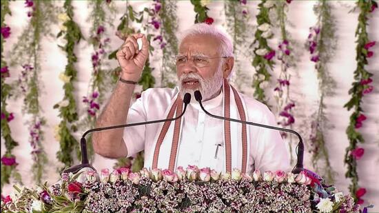 Prime Minister Narendra Modi during a rally on Panchayati Raj Day, at Palli in Samba district, Sunday. (PTI)