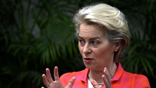 European Commission President Ursula von der Leyen speaks during an event titled ‘Youth for a Greener Future’ organised by The Energy and Resources Institute (TERI) in Gurgaon on April 24, 2022.&nbsp;