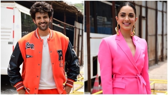 The promotions for Kartik Aaryan and Kiara Advani's upcoming film Bhool Bhulaiyaa 2 have kickstarted in full swing. Paparazzi clicked the two co-stars in Mumbai as they arrived in trendy looks. They posed and smiled for cameras outside a studio in the bay. Scroll ahead to see Kiara and Kartik's photos.(HT Photo/Varinder Chawla)