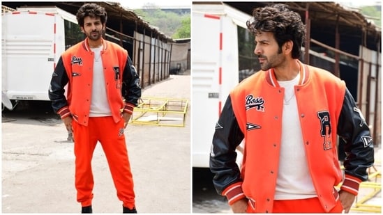 Kartik rounded off his ensemble with orange pants and black high-ankle sneakers. In the end, Kartik's signature hairdo - a back-swept messy look - and groomed beard rounded off his Bhool Bhulaiyaa 2 promotions look.(HT Photo/Varinder Chawla)