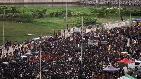 Demonstrators gather as they take part in a protest against Sri Lankan President Gotabaya Rajapaksa, amid the country's economic crisis, in Colombo, Sri Lanka.(REUTERS)