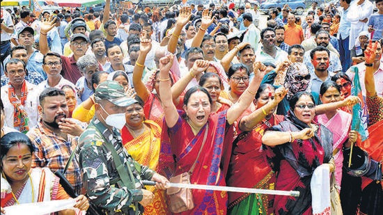 Guwahati: Supporters of BJP celebrate after party's victory in Guwahati Municipal Corporation elections, in Guwahati, Sunday, April 24, 2022. (PTI Photo)(PTI04_24_2022_000209A) (PTI)