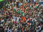 Hindus and Muslims on April 24 took out a ‘Tiranga Yatra’ in the riot-hit Jahangirpuri’s C-Block in Delhi, the epicentre of the April 16 clashes, giving a message of peace and harmony.(HT Photo/Raj K Raj)