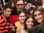 Karan Johar, Kriti Sanon, Ananya Panday, Sara Ali Khan, Dinesh Vijan and Manish Malhotra at a party on Sunday.&nbsp;