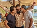 Yash with KGF 2 producer Vijay Kiragandur and director Prashanth Neel.&nbsp;