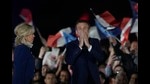 French President Emmanuel Macron and French first lady Brigitte Macron celebrate with supporters in Paris, France, April 24, 2022 (AP) French President Emmanuel Macron and French first lady Brigitte Macron celebrate with supporters in Paris, France, April 24, 2022 (AP)