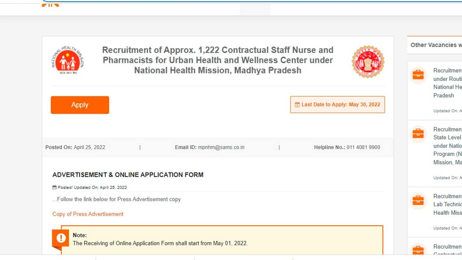 NHM MP Recruitment: Notification out for 1,222 Staff Nurse, Pharmacist posts