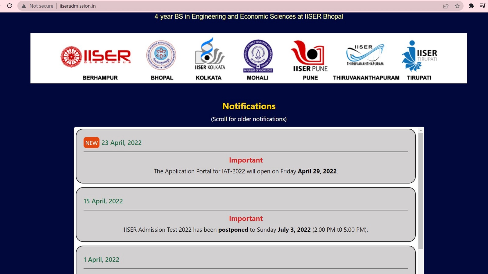 IISER admissions registration commencement date revised, apply from